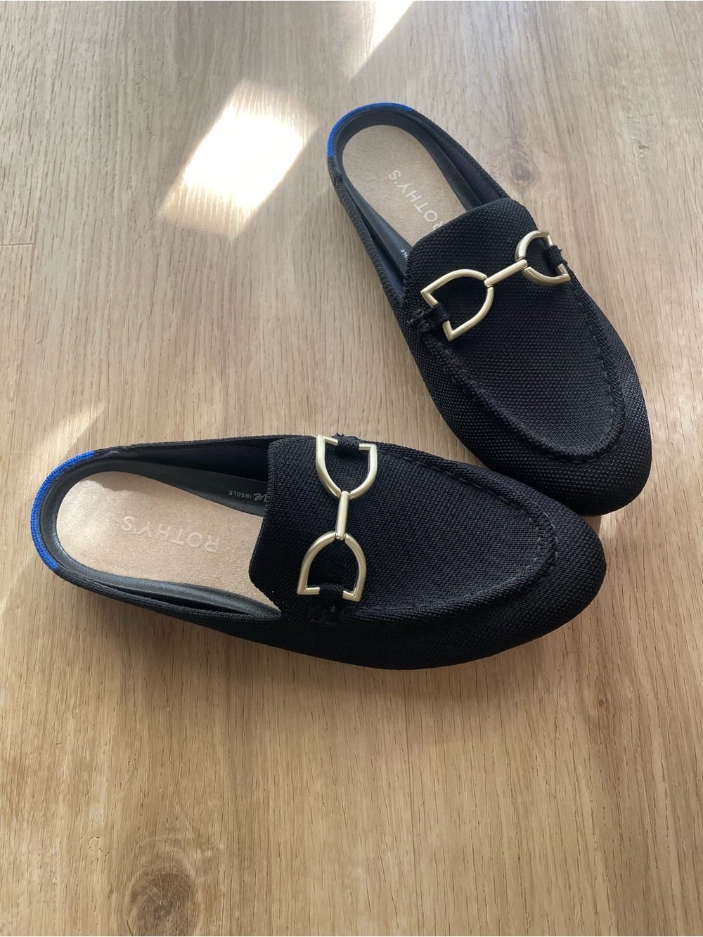 Rothy's Black Knit Mule Loafers with Gold Horsebit Detail